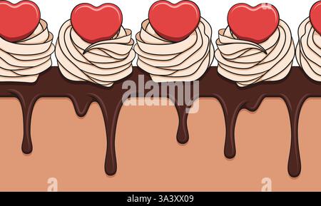 Horizontal seamless pattern with cream cake decorated with hearts. Vector color background. Stock Vector