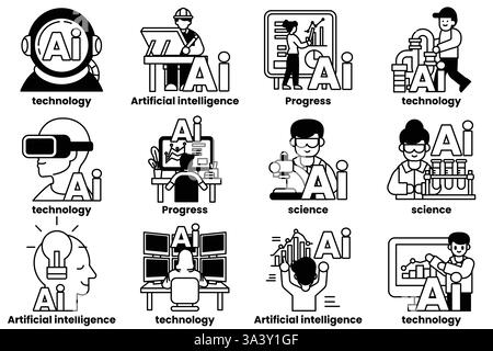 A Set of illustrations in the concept of Artificial Intelligence and things in line art style Stock Vector