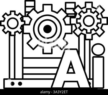 A gears with gears and the word AI In black and white line style Stock Vector