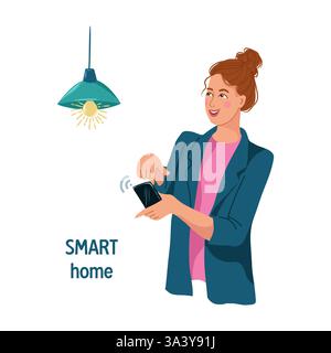 The concept of smart home technology. Woman remotely controls lighting in the house. Flat vector illustration isolated on white background. Vector ill Stock Vector