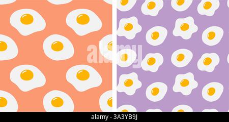 Fried eggs with yolk various protein shape Seamless Pattern on Trendy lavender and coral Backgrounds. Isolated Vector illustration Culinary Food poster Thematic or menu cards, web promo leaflets, tag  Stock Vector