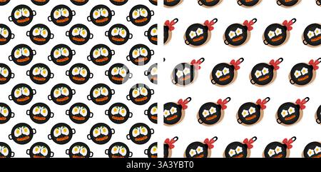 Grill pan Cast iron skillet Fried eggs Ketchup strip on sausage like smiling face Seamless Patterns Set 2. Isolated Vector illustration Culinary food poster Background Thematic or menu cards, leaflets Stock Vector