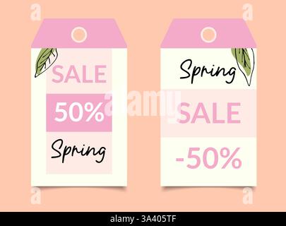 Spring sale seasonal offer tag layouts with a place for text and hand-drawn leaves, vector illustration. Design of price tags, tags for discounts and special prices, ready-made layout. Stock Vector