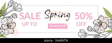 Spring sale, horizontal banner with blooming branches of Japanese sakura, mock-up, for a trade sale. Vector template design with a place for text. Poster, postcard, web banner, flyer, advertising. Stock Vector