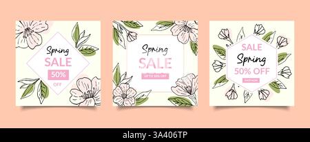 Spring cherry blossom template, seasonal sale. A set of square banners with flowers, leaves and branches in doodle style, a text frame. Vector set for web design, flyers, brochures. Stock Vector