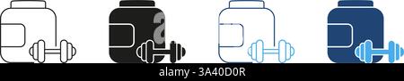 Protein Powder Container And Dumbbell Line and Silhouette Icon Set. Bodybuilding, Muscle Building, Fitness Supplement Outline and Solid Symbol Stock Vector