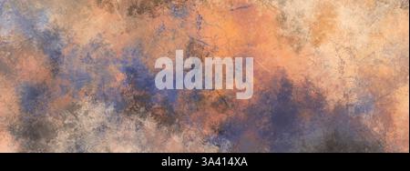 Blue purple and salmon orange colors abstract grunge background design Painted grimy rough distressed art texture with stains and cracks pattern Stock Photo