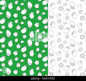 Lemons citric whole and cut with leaves seamless pattern. Vector graphic line ink black and white illustration on transparent background. Ideal for me Stock Vector