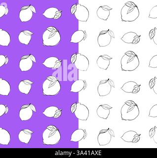 Lemon with leaves seamless pattern. Vector black and white graphic line ink illustration on transparent background. Trendy summer background. Vector p Stock Vector