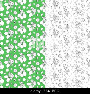 Citric lemons on the branches with slices and flowers seamless pattern. Graphic line ink black and white vector illustration for package, kitchen desi Stock Vector