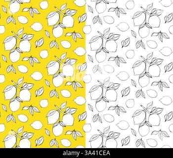 Pattern with citric lemons on the branches. Ripe lemons on branches with leaves in a black and white vector seamless art. Graphic line ink illustratio Stock Vector