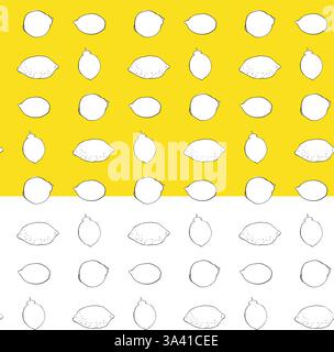 Whole lemons black and white seamless pattern. Vector graphic line ink illustration for package, kitchen design, fabric and textile. Stock Vector