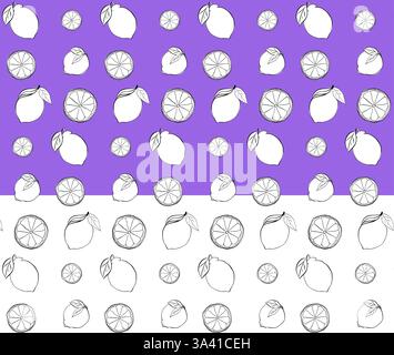 Lemons citric whole and cut with leaves seamless pattern. Vector graphic line ink black and white illustration on transparent background. Ideal for me Stock Vector