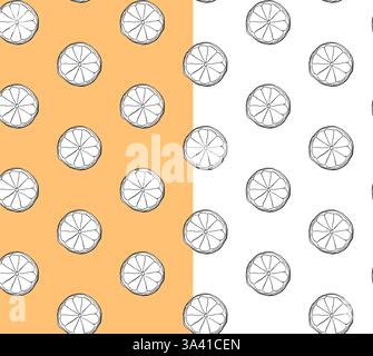 Lemons citric orange slices black and white seamless pattern. Vector graphic line ink yellow illustration on transparent background. fruit background Stock Vector