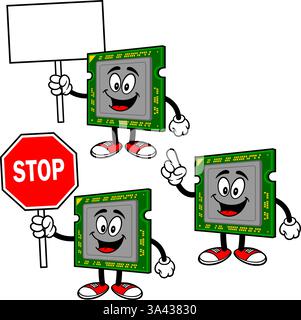 Computer Chip Character Set, Hand Drawn illustrations, Isolated On Transparent Background Stock Vector