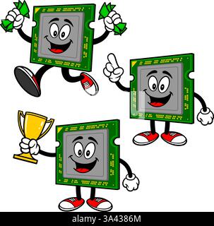 Computer Chip Character Set, Hand Drawn illustrations, Isolated On Transparent Background Stock Vector