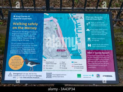Information board and map King Charles III England Coast path, Wallasey, Wirral Peninsula,Merseyside, England, UK Stock Photo