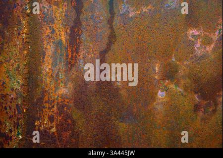 Rusted metal sheet, showing corrosion and markings from weather and rain, for backgrounds and textures Stock Photo