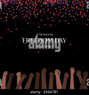 Juneteenth Freedom Day vector illustration. Raised fists in different skin tones represent unity, strength and liberation. Red blue confetti on black background create powerful celebratory atmosphere. Stock Vector