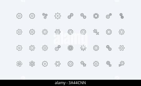 One, three and two gearwheels thin black outline symbols vector illustration. Gears and metal cogwheels of factory mechanism, mechanical part of machine, progress and solution line icon set Stock Vector