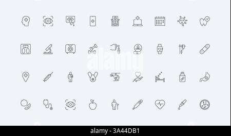 Hospital and doctors prescription, ultrasound appointment in clinic, ambulance, emergency helicopter thin black outline symbols vector illustration. Medical services for patient line icon set Stock Vector