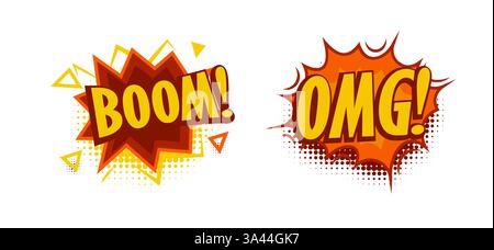 Comic style speech bubbles with boom, omg text, expressing excitement and surprise. Pop art typography with explosion effects, halftone shading for Stock Vector