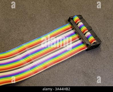 A rainbow-colored ribbon cable with connectors lying on a dark surface Stock Photo