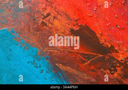 Details of Red and Blue Textured Paint with Lines and Cracks Horizontal Stock Photo