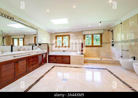 an image of a large master bathroom with bathtub and shower in mediterranean mansion Stock Photo