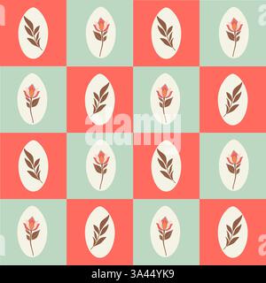 Seamless Botanical Egg checkered Pattern with stylized flowers pastele Colors. Folk style. Stock Vector