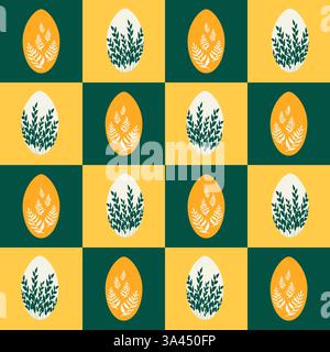 Seamless botanical checkered pattern with sprigs of grass and plants in egg shape frame in yellow and green colors. Stock Vector