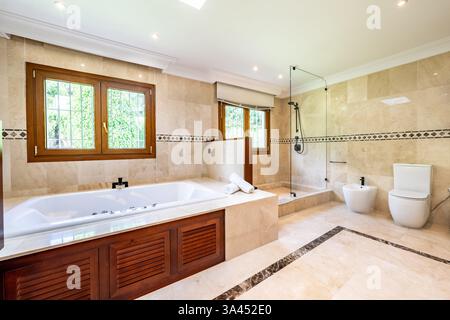 an image of a luxury bathroom with jacuzzi bathtub and shower in mediterranean villa Stock Photo