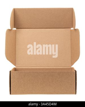 Open empty foldable cardboard box used for storage moving or shipping purposes isolated on a white background Stock Photo