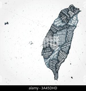 Taiwan regions word clouds. Country shape on textured background. Taiwan design in typographic style. Classy vector illustration. Stock Vector