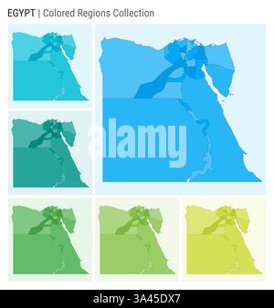 Egypt map collection. Country shape with colored regions. Light Blue, Cyan, Teal, Green, Light Green, Lime color palettes. Stock Vector