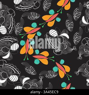 Line art artistic colorful seamless pattern with butterflies and leaves Stock Vector