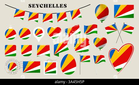 seychelles flag set. Various National flag collection with different shapes like heart, shield, easter egg, location, circle, postmark, grunge, square Stock Vector
