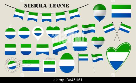 sierra leone flag set. Various National flag collection with different shapes like heart, shield, easter egg, location, circle, postmark, grunge, squa Stock Vector