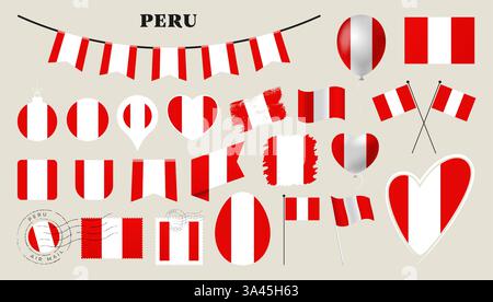 peru flag set. Various National flag collection with different shapes like heart, shield, easter egg, location, circle, postmark, grunge, square, roun Stock Vector