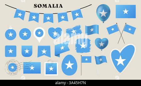 somalia flag set. Various National flag collection with different shapes like heart, shield, easter egg, location, circle, postmark, grunge, square, r Stock Vector