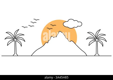 Mountain continuous one line art drawing with outline vector illustration Stock Vector