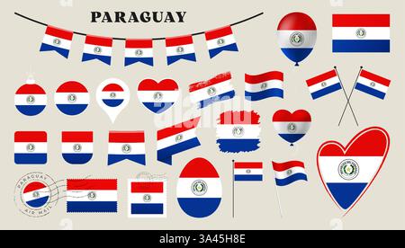 paraguay flag set. Various National flag collection with different shapes like heart, shield, easter egg, location, circle, postmark, grunge, square, Stock Vector