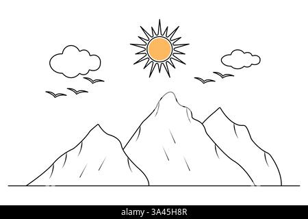 Mountain continuous one line art drawing with outline vector illustration Stock Vector