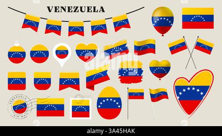 venezuela flag set. Various National flag collection with different shapes like heart, shield, easter egg, location, circle, postmark, grunge, square, Stock Vector