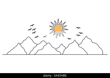 Mountain continuous one line art drawing with outline vector illustration Stock Vector