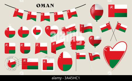 oman flag set. Various National flag collection with different shapes like heart, shield, easter egg, location, circle, postmark, grunge, square, roun Stock Vector