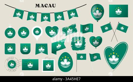 macau flag set. Various National flag collection with different shapes like heart, shield, easter egg, location, circle, postmark, grunge, square, rou Stock Vector