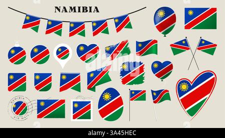 namibia flag set. Various National flag collection with different shapes like heart, shield, easter egg, location, circle, postmark, grunge, square, r Stock Vector