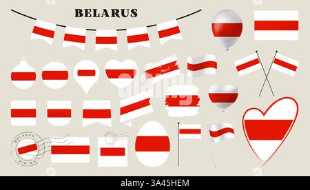 belarus flag set. Various National flag collection with different shapes like heart, shield, easter egg, location, circle, postmark, grunge, square, r Stock Vector