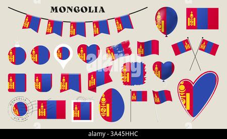 mongolia flag set. Various National flag collection with different shapes like heart, shield, easter egg, location, circle, postmark, grunge, square, Stock Vector